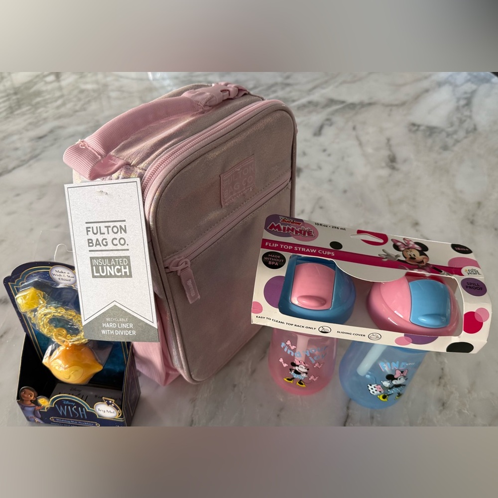 Fulton Bag Co. Pink Kids Lunch Bag Minnie flip straw cup Disney Wishing Star New